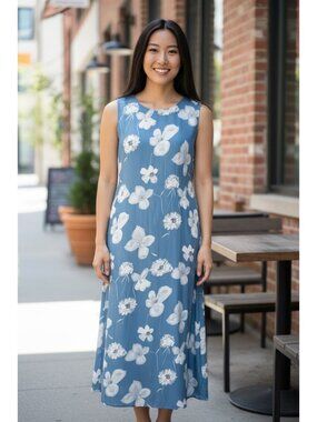 Floral Blue White Sleeveless Women's Maxi Dress Size M/L Back Zipper Closure